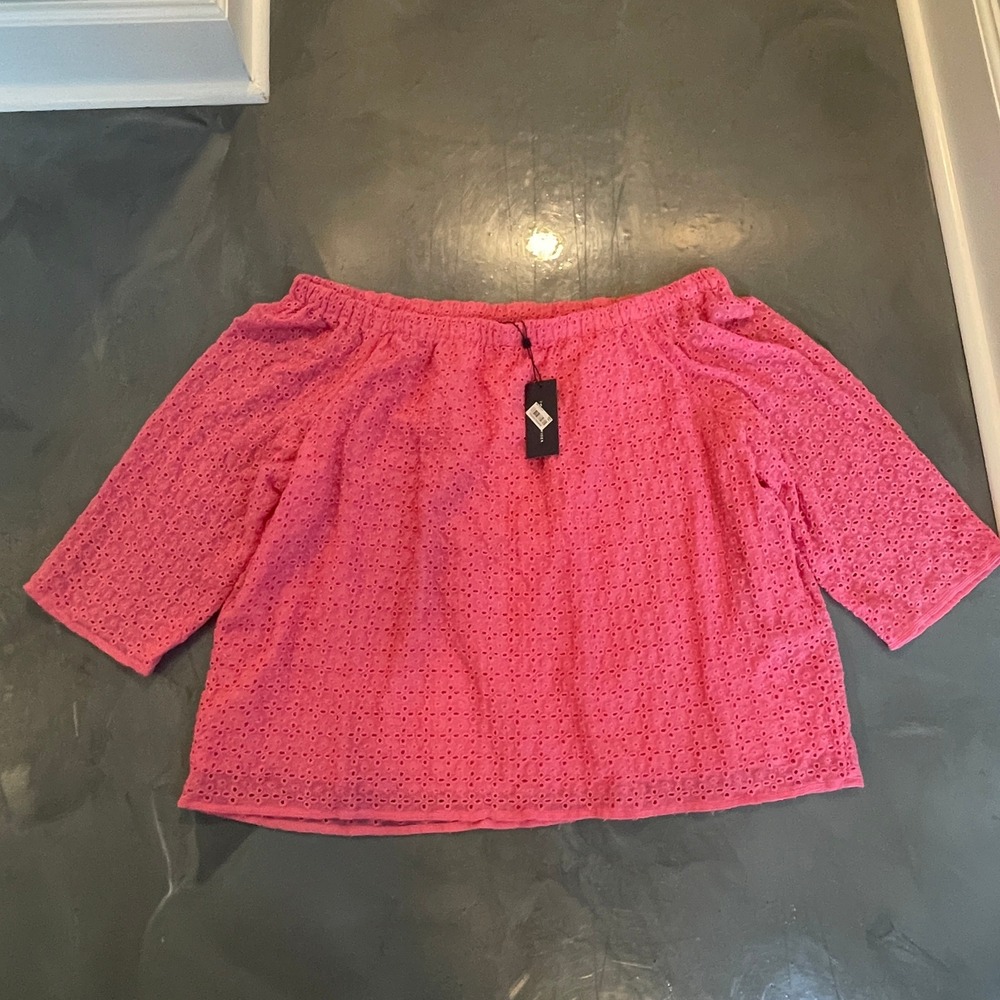 Tommy Hilfiger Womens 1X In Bloom Pink Eyelet Lace Off The Shoulder Blouse Peony